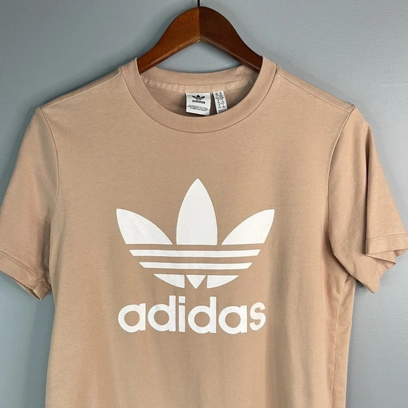 ADIDAS Tan Trefoil 3 Stripes Graphic Logo TShirt Sporty Crewneck Short Sleeve M - Picture 4 of 11